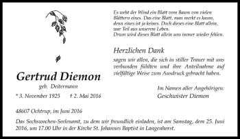 Anzeige von Gertrud Diemon von Westfälische Nachrichten