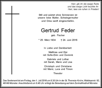 Anzeige von Gertrud Feder von Westfälische Nachrichten