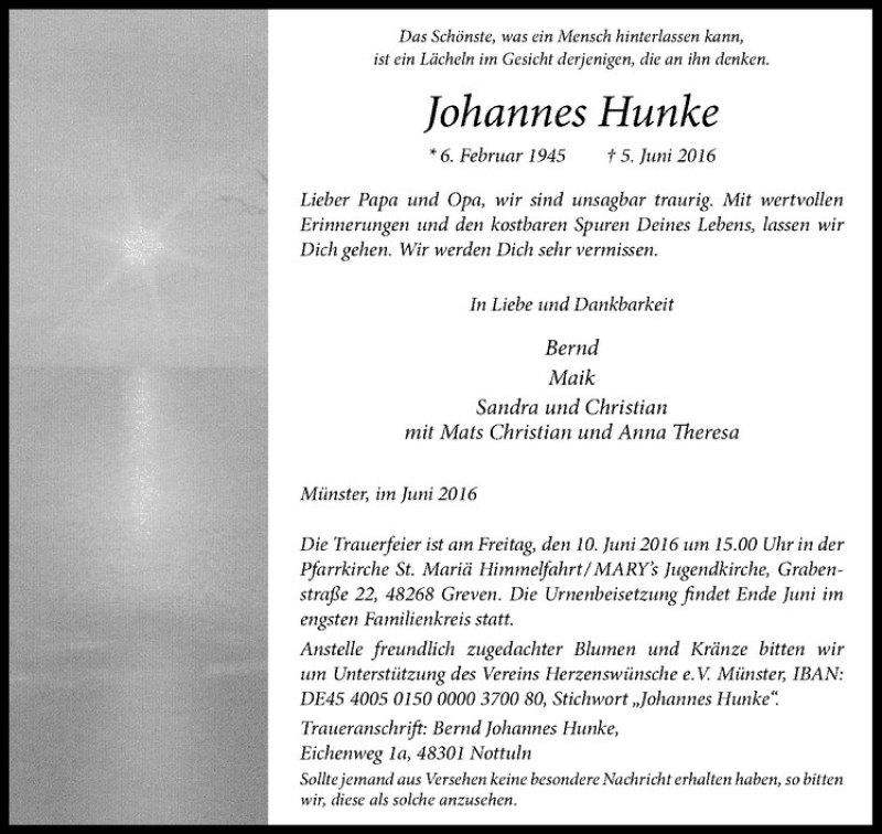  Traueranzeige für Johannes Hunke vom 08.06.2016 aus Westfälische Nachrichten