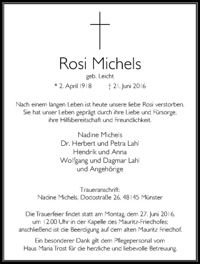  Traueranzeige für Rosi Michels vom 23.06.2016 aus Westfälische Nachrichten