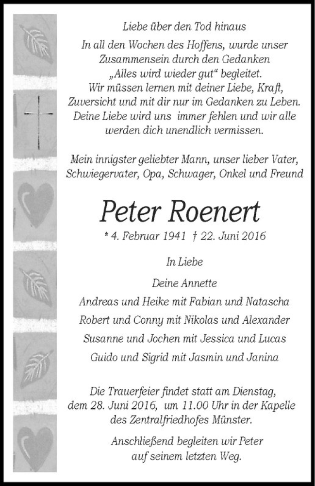  Traueranzeige für Peter Roenert vom 25.06.2016 aus Westfälische Nachrichten