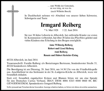 Anzeige von Irmgard Reiberg von Westfälische Nachrichten