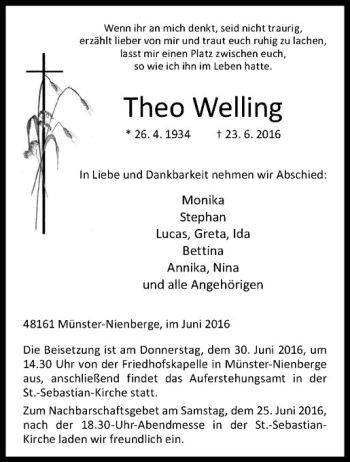 Anzeige von Theo Welling von Westfälische Nachrichten