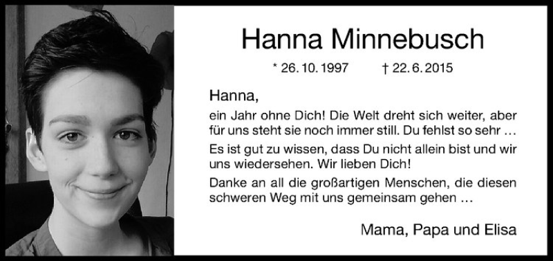  Traueranzeige für Hanna Minnebusch vom 22.06.2016 aus Westfälische Nachrichten