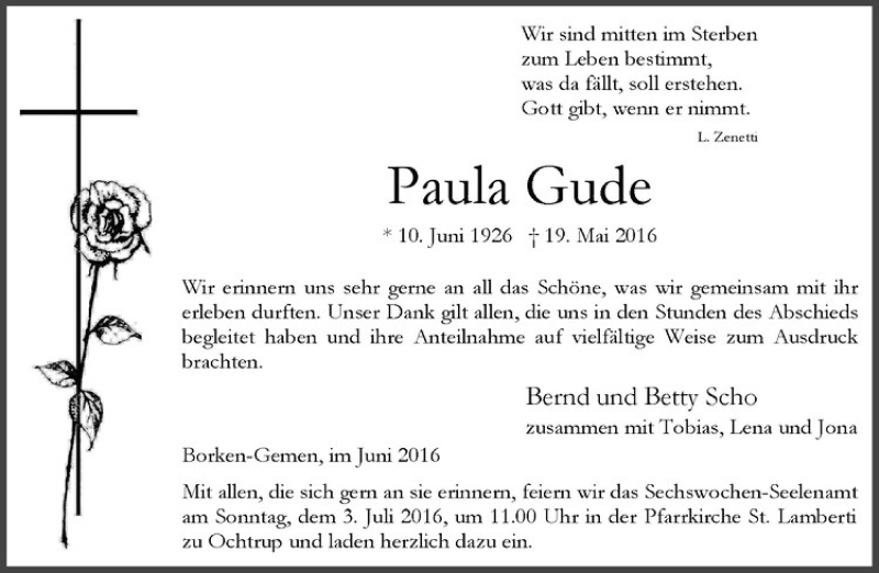  Traueranzeige für Paula Gude vom 29.06.2016 aus Westfälische Nachrichten