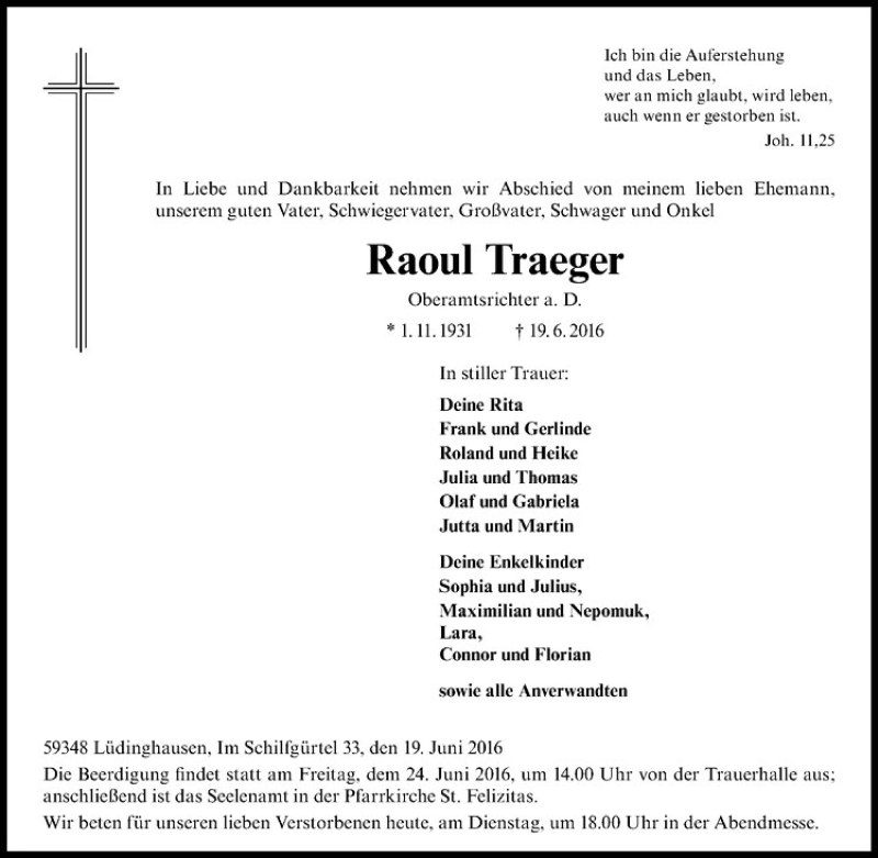  Traueranzeige für Raoul Traeger vom 21.06.2016 aus Westfälische Nachrichten