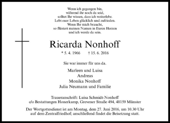 Anzeige von Ricarda Nonhoff von Westfälische Nachrichten