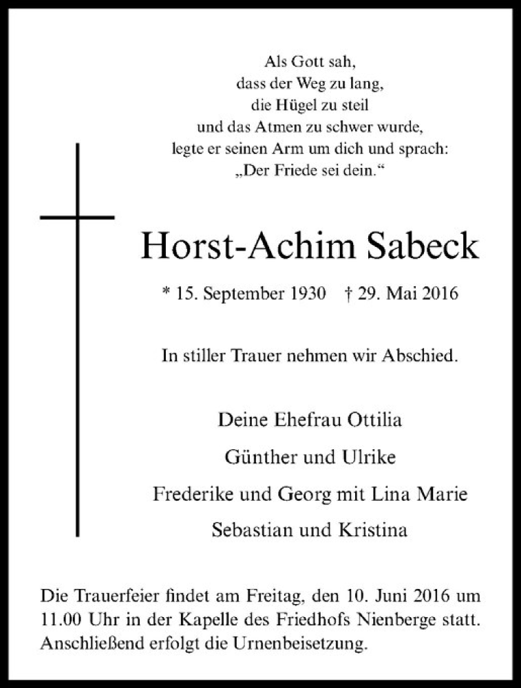  Traueranzeige für Horst-Achim Sabeck vom 04.06.2016 aus Westfälische Nachrichten