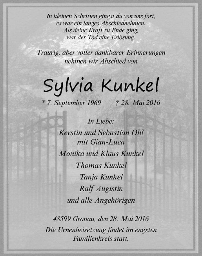  Traueranzeige für Sylvia Kunkel vom 01.06.2016 aus Westfälische Nachrichten