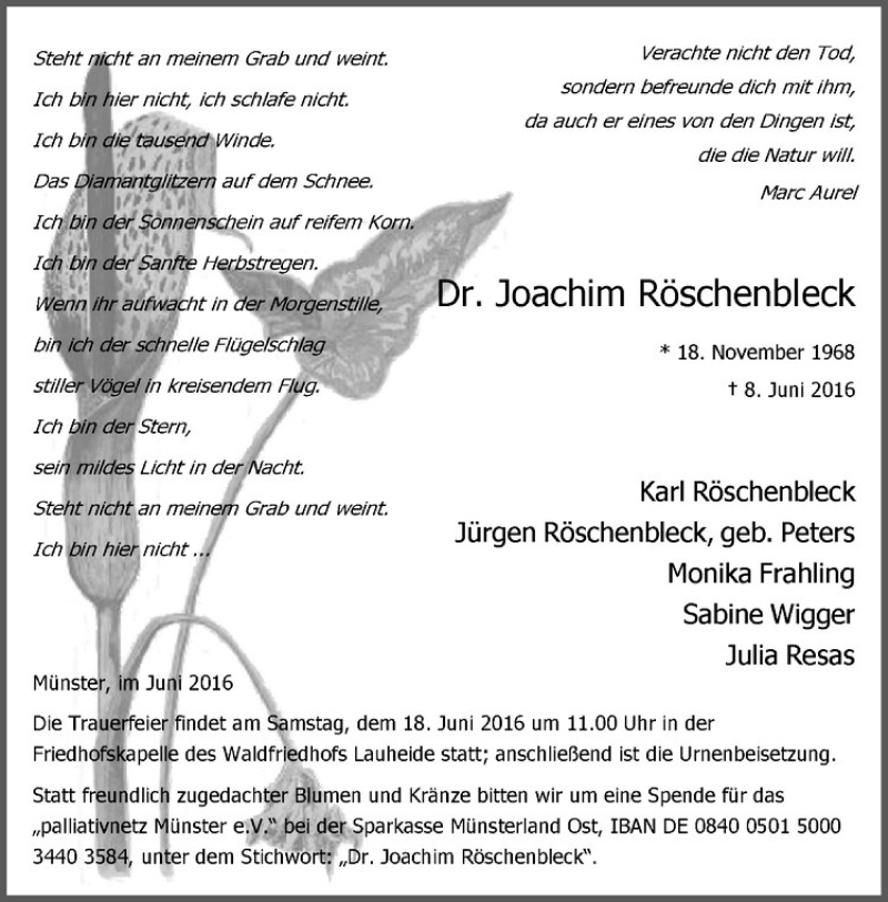  Traueranzeige für Joachim Röschenbleck vom 11.06.2016 aus Westfälische Nachrichten