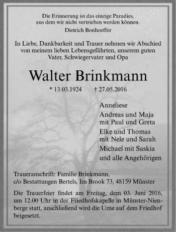Anzeige von Walter Brinkmann von Westfälische Nachrichten