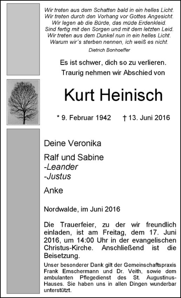  Traueranzeige für Kurt Heinisch vom 16.06.2016 aus Westfälische Nachrichten