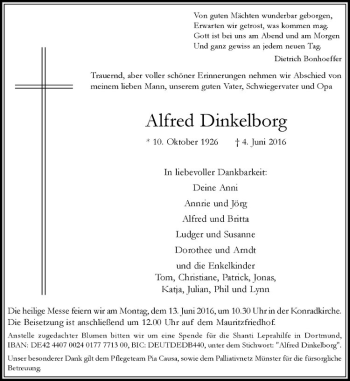 Anzeige von Alfred Dinkelborg von Westfälische Nachrichten