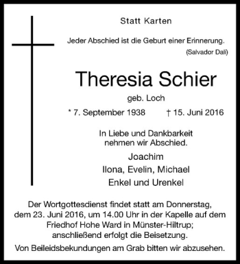Anzeige von Theresia Schier von Westfälische Nachrichten