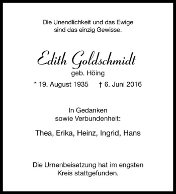 Anzeige von Edith Goldschmidt von Westfälische Nachrichten