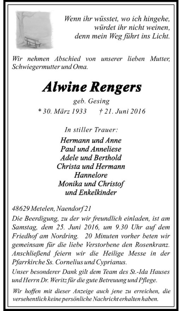  Traueranzeige für Alwine Rengers vom 23.06.2016 aus Westfälische Nachrichten