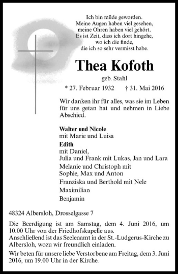 Anzeige von Thea Kofoth von Westfälische Nachrichten
