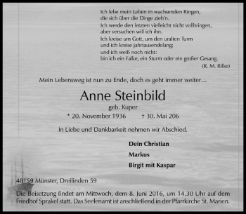 Anzeige von Anne Steinbild von Westfälische Nachrichten