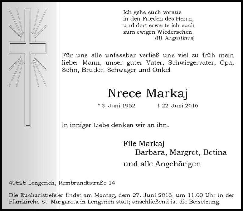  Traueranzeige für Nrece Markaj vom 25.06.2016 aus Westfälische Nachrichten