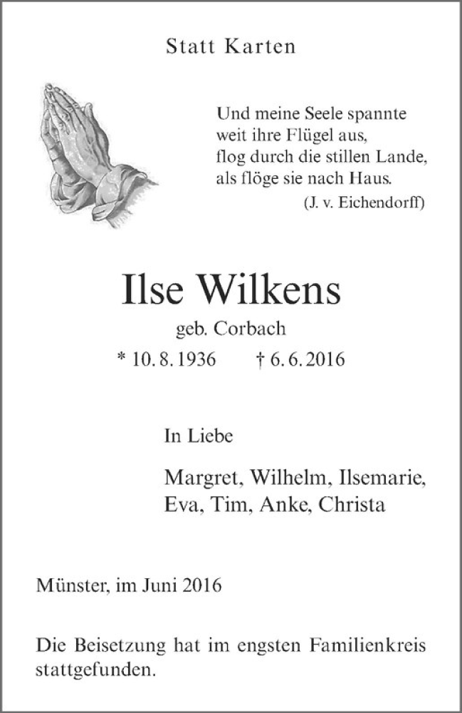  Traueranzeige für Ilse Wilkens vom 11.06.2016 aus Westfälische Nachrichten