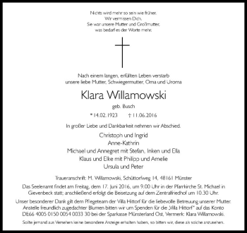 Anzeige von Klara Willamowski von Westfälische Nachrichten