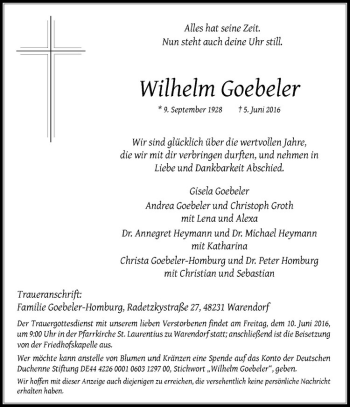 Anzeige von Wilhelm Goebeler von Westfälische Nachrichten
