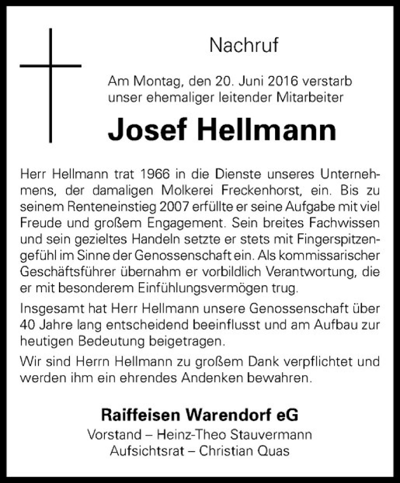  Traueranzeige für Josef Hellmann vom 25.06.2016 aus Westfälische Nachrichten