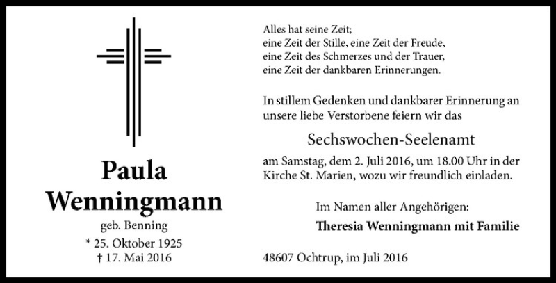  Traueranzeige für Paula Wenningmann vom 30.06.2016 aus Westfälische Nachrichten