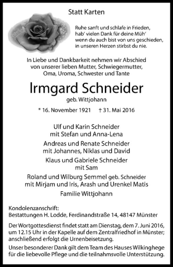 Anzeige von lrmgard Schneider von Westfälische Nachrichten