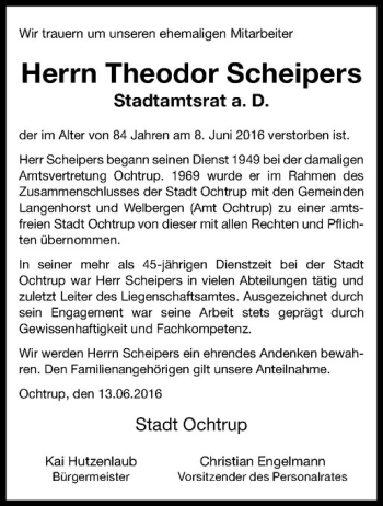 Anzeige von Theodor Scheipers von Westfälische Nachrichten