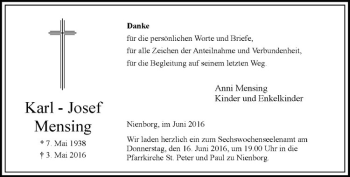 Anzeige von Karl-Josef Mensing von Westfälische Nachrichten