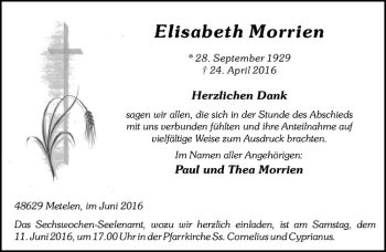 Anzeige von Elisabeth Morrien von Westfälische Nachrichten
