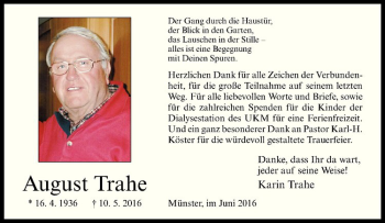 Anzeige von August Trahe von Westfälische Nachrichten