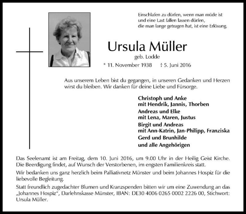  Traueranzeige für Ursula Müller vom 08.06.2016 aus Westfälische Nachrichten