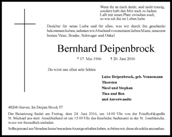 Anzeige von Bernhard Deipenbrock von Westfälische Nachrichten