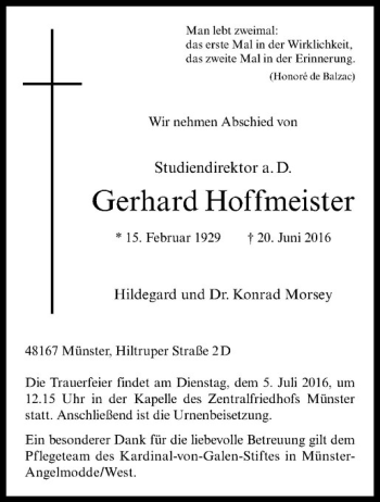 Anzeige von Gerhard Hoffmeister von Westfälische Nachrichten