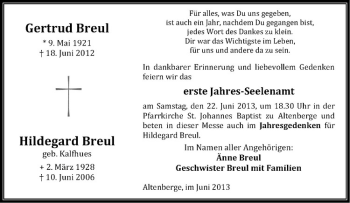 Anzeige von Hildegard Breul von Westfälische Nachrichten