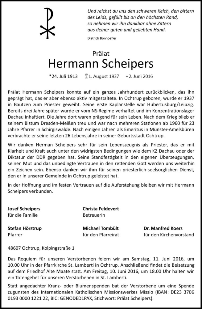 Traueranzeige für Hermann Scheipers vom 07.06.2016 aus Westfälische Nachrichten