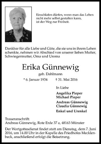 Anzeige von Erika Günnewig von Westfälische Nachrichten