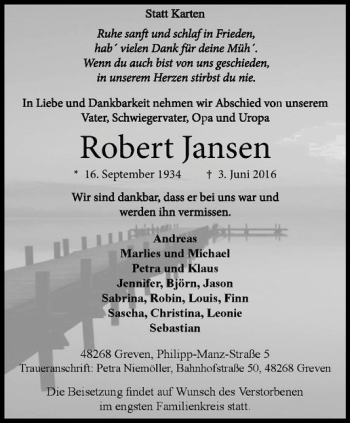 Anzeige von Robert Jansen von Westfälische Nachrichten
