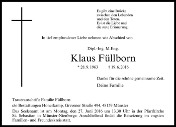 Anzeige von Klaus Füllborn von Westfälische Nachrichten