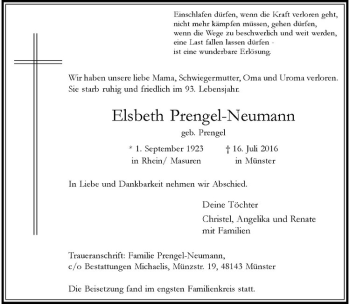 Anzeige von Elsbeth Prengel-Neumann von Westfälische Nachrichten