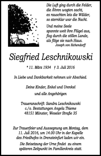 Anzeige von Siegfried Leschnikowski von Westfälische Nachrichten