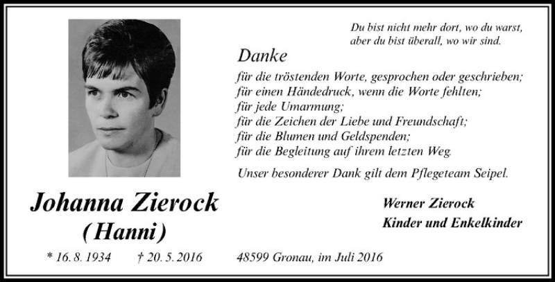  Traueranzeige für Johanna Zierock vom 01.07.2016 aus Westfälische Nachrichten