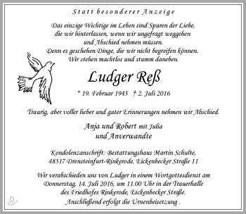 Anzeige von Ludger Reß von Westfälische Nachrichten