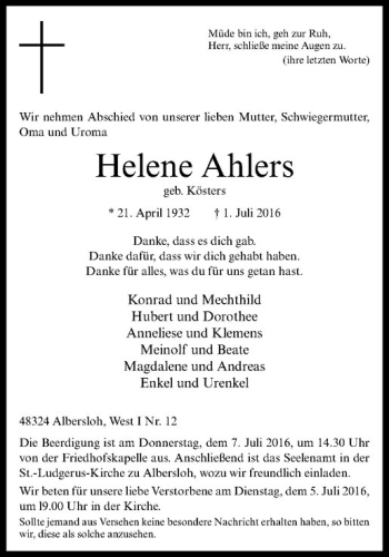 Anzeige von Helene Ahlers von Westfälische Nachrichten