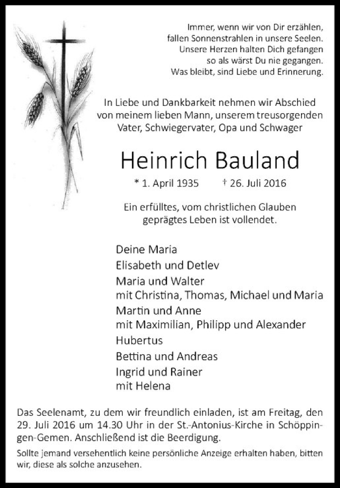  Traueranzeige für Heinrich Bauland vom 28.07.2016 aus Westfälische Nachrichten