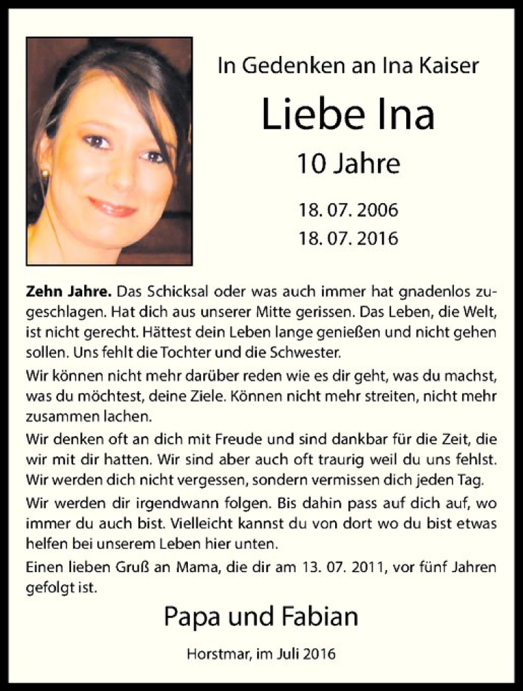  Traueranzeige für Ina Kaiser vom 16.07.2016 aus Westfälische Nachrichten