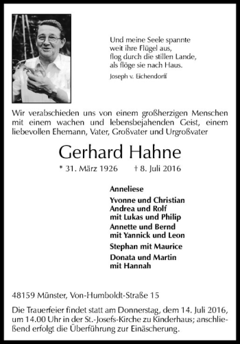 Anzeige von Gerhard Hahne von Westfälische Nachrichten