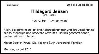 Anzeige von Hildegard Jensen von Westfälische Nachrichten